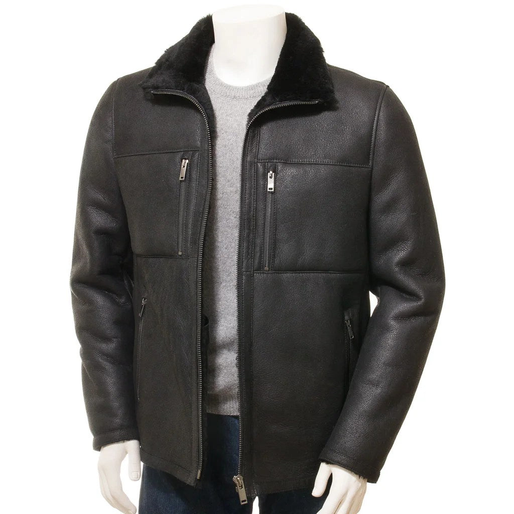 MEN BLACK SHEEPSKIN BIKER JACKET FABIUS