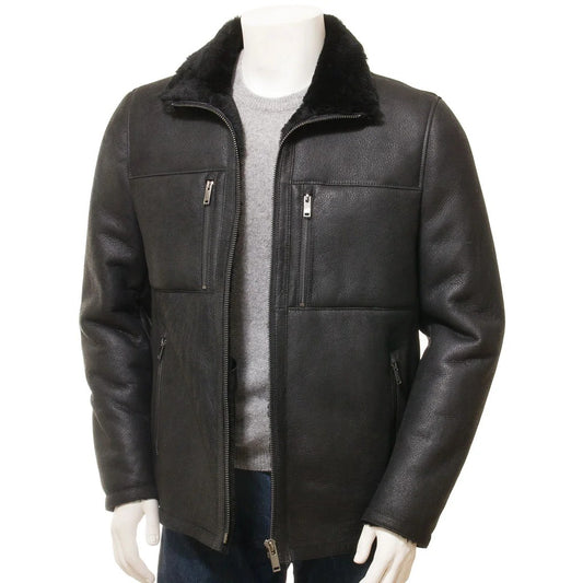 MEN BLACK SHEEPSKIN BIKER JACKET FABIUS