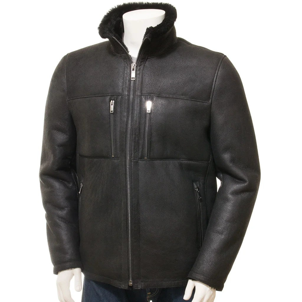 MEN BLACK SHEEPSKIN BIKER JACKET FABIUS
