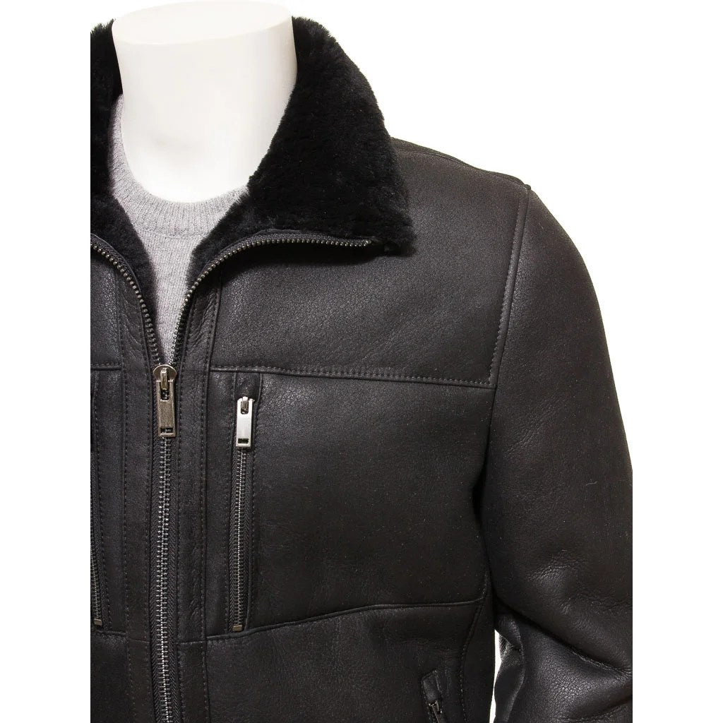 MEN BLACK SHEEPSKIN BIKER JACKET FABIUS